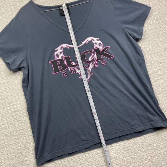 Y2K VTG Buck Knives Gray V Neck T Shirt Women's XXL Goth Holographic Heart Cyber - Picture 11 of 16
